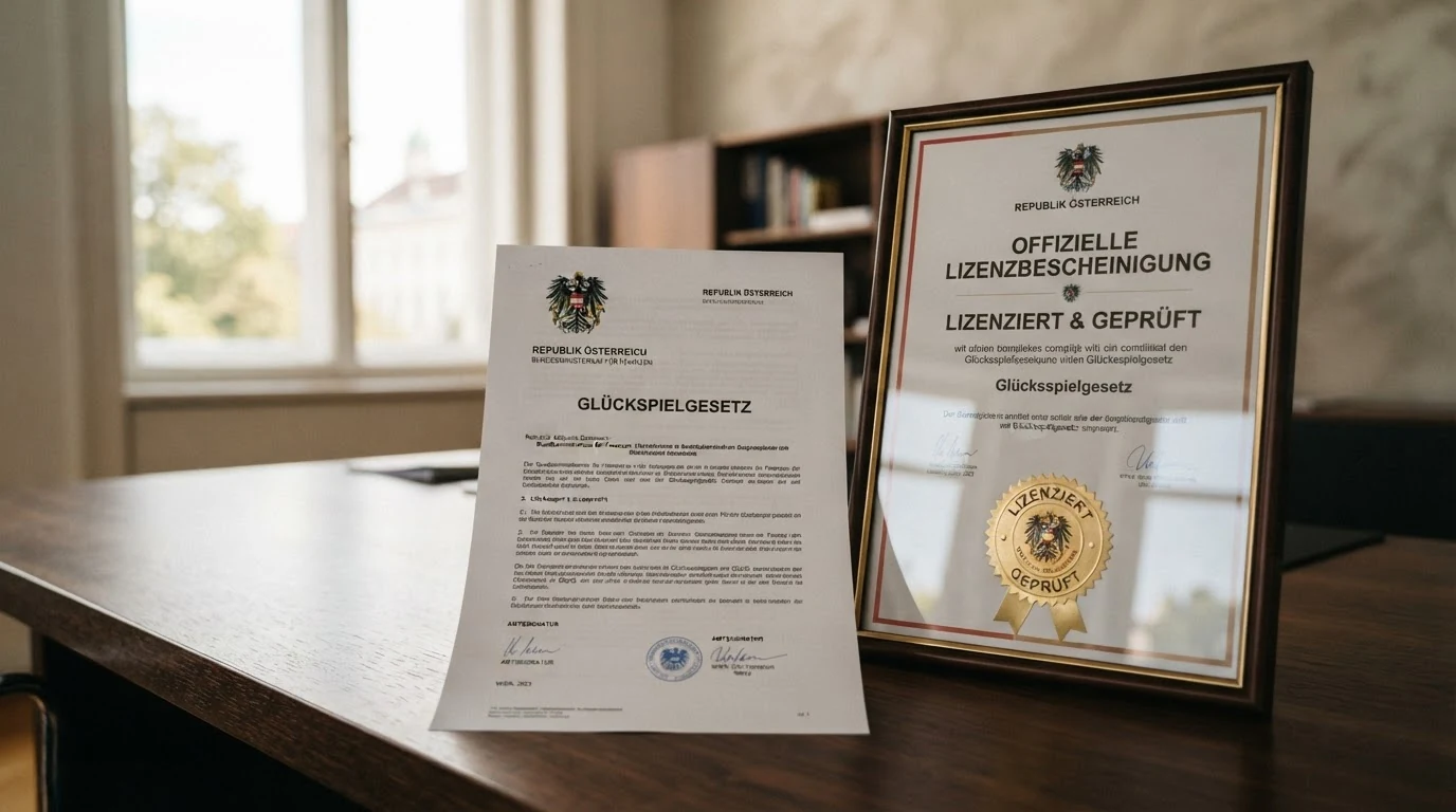 Offizielles Dokument mit Bundesadler und der Aufschrift „Glücksspielgesetz“ neben einer gerahmten Konzessionsurkunde.
