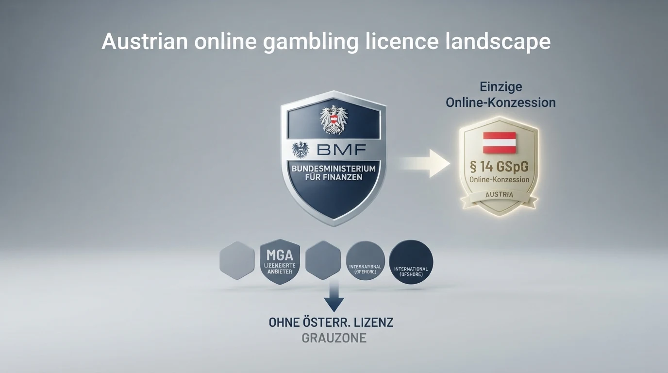 Schematische Darstellung der österreichischen Glücksspiel-Lizenzlandschaft: BMF als Aufsicht, win2day als Konzessionär, internationale Anbieter ausserhalb