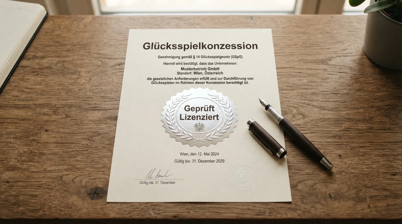 Das österreichische Bundeswappen vor einem Paragrafen-Dokument mit dem Titel Glücksspielgesetz auf einem Schreibtisch