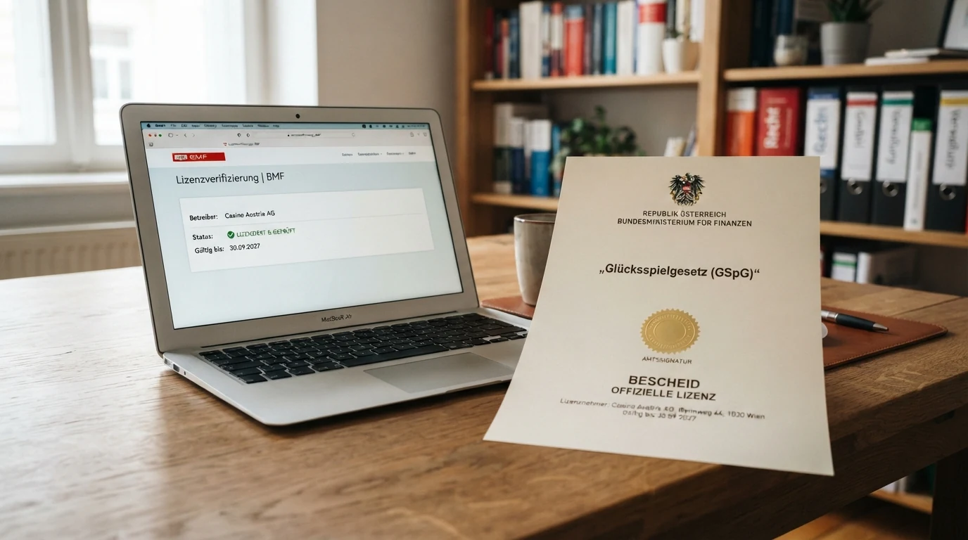 Ein offiziell wirkendes Dokument mit dem österreichischen Bundesadler und dem Schriftzug „Glücksspielgesetz (GSpG)“ liegt auf einem Schreibtisch neben einem geöffneten Laptop, dessen Bildschirm eine Casino-Lizenzprüfungsseite zeigt.