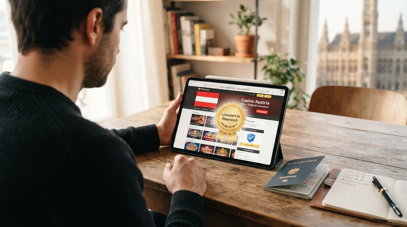 Ein österreichischer Reisepass neben einem Tablet mit geöffneter Casino-Startseite und einem Fragezeichen-Symbol