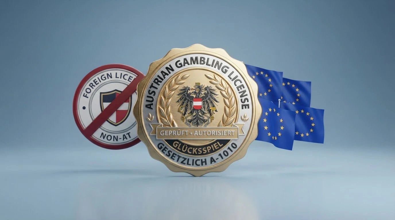 Stilisiertes AT-Lizenzsiegel neben EU-Flaggen und einem durchgestrichenen „MGA“-Schriftzug – Visualisierung der rechtlichen Trennung