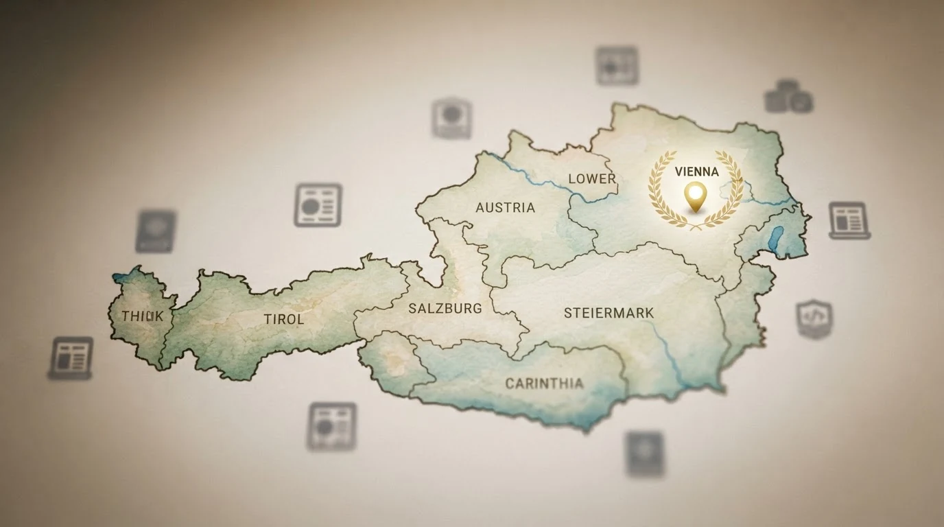 Eine stilisierte Österreich-Karte mit einem einzelnen leuchtenden Punkt für den lizenzierten Anbieter, umgeben von ausgegrauten Symbolen für EU- und Offshore-Lizenzen, überlagert mit dem Schriftzug GSpG
