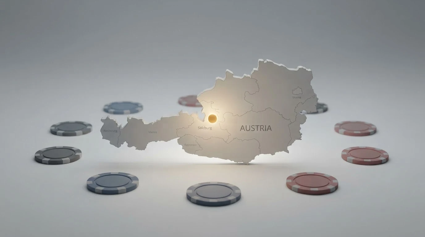 Eine stilisierte Österreich-Karte mit einem einzelnen leuchtenden Punkt für win2day und mehreren ausgegrauten Marken-Logos im Umfeld