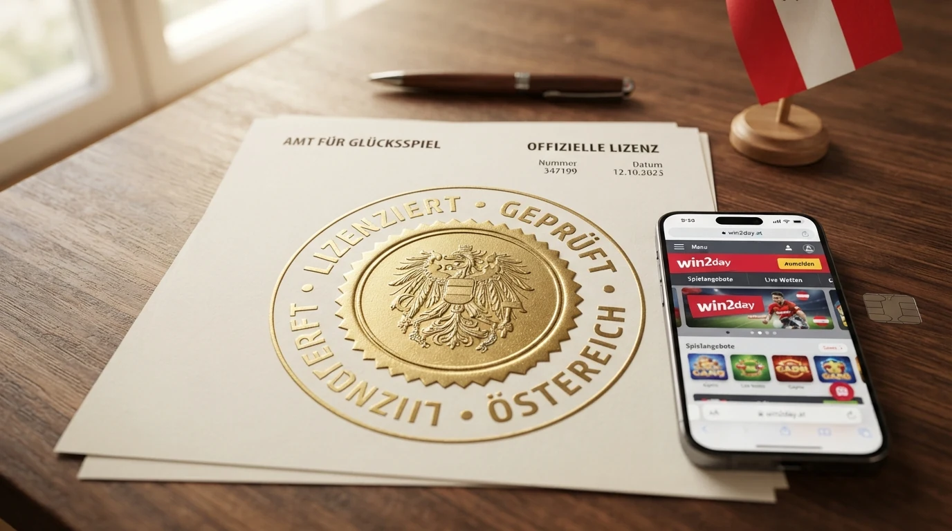 Ein amtliches Dokument mit dem österreichischen Bundeswappen und dem Titel „Glücksspielgesetz“ neben einem Smartphone mit win2day-Startseite