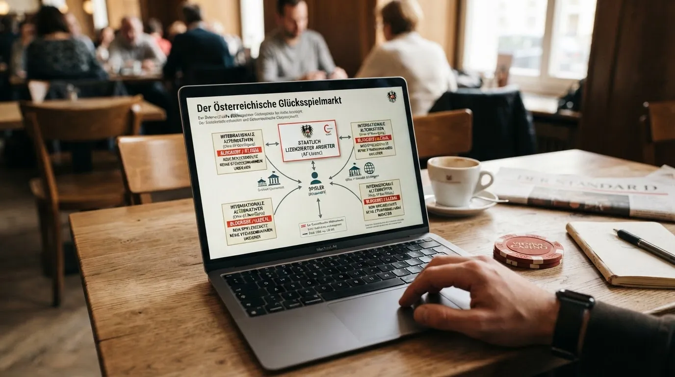 Schematische Darstellung des österreichischen Glücksspiel-Lizenzsystems mit win2day als einzigem Online-Konzessionär und den neun weiteren Betreibern ohne AT-Bewilligung