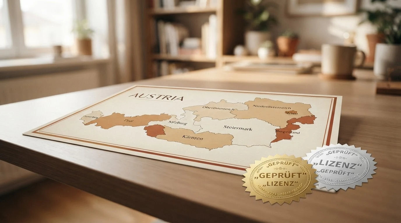 Eine stilisierte Österreich-Karte mit Markierung des Glücksspielmonopols, daneben die Logos der geprüften Offshore-Lizenzbehörden Curaçao und Anjouan