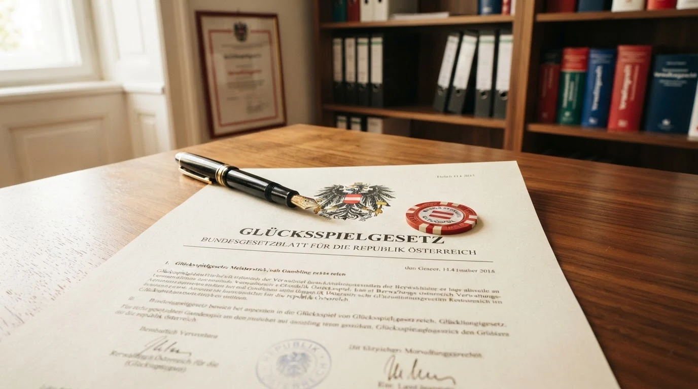 Offizielles Dokument mit dem Titel Glücksspielgesetz und dem österreichischen Bundesadler als Hoheitszeichen auf einem Schreibtisch