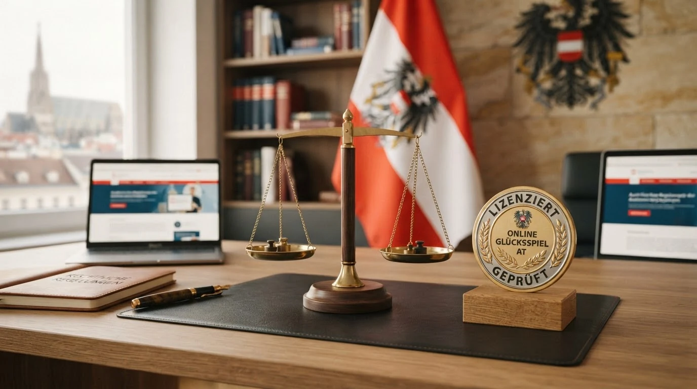 Eine Waage der Justiz vor der österreichischen Flagge, im Hintergrund ein Paragrafenzeichen und ein durchgestrichenes Casino-Chip-Symbol