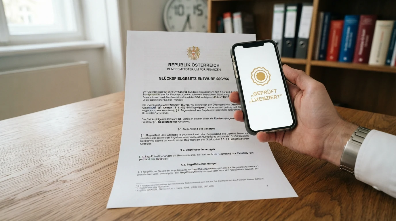 Das offizielle österreichische Bundeswappen vor einem Dokument zur Glücksspielreform