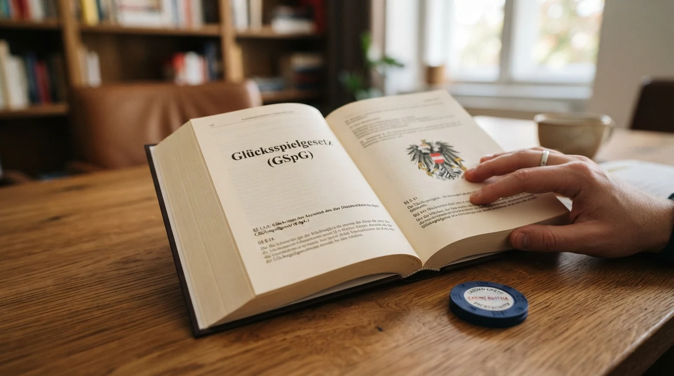 Ein aufgeschlagenes Gesetzbuch mit dem Titel Glücksspielgesetz (GSpG), daneben das Bundeswappen Österreichs und das Logo des BMF