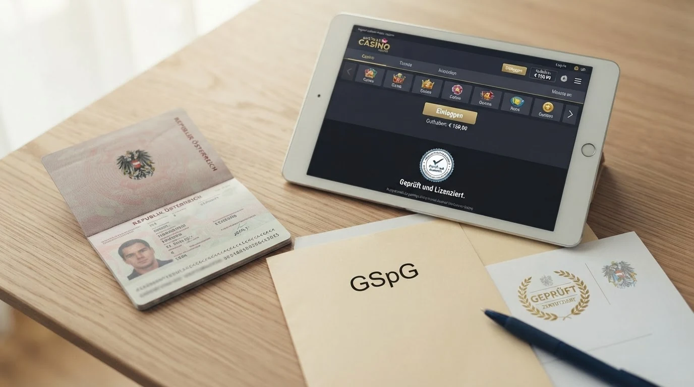 Ein Stillleben aus einem österreichischen Reisepass neben einem Tablet mit geöffneter win2day-Startseite und einem Aktenordner mit der Aufschrift „GSpG“