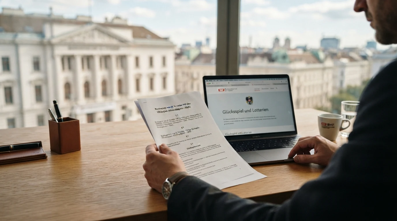 Das Gebäude des Bundesministeriums für Finanzen in Wien neben dem österreichischen Bundesadler und einem Auszug aus dem Glücksspielgesetz