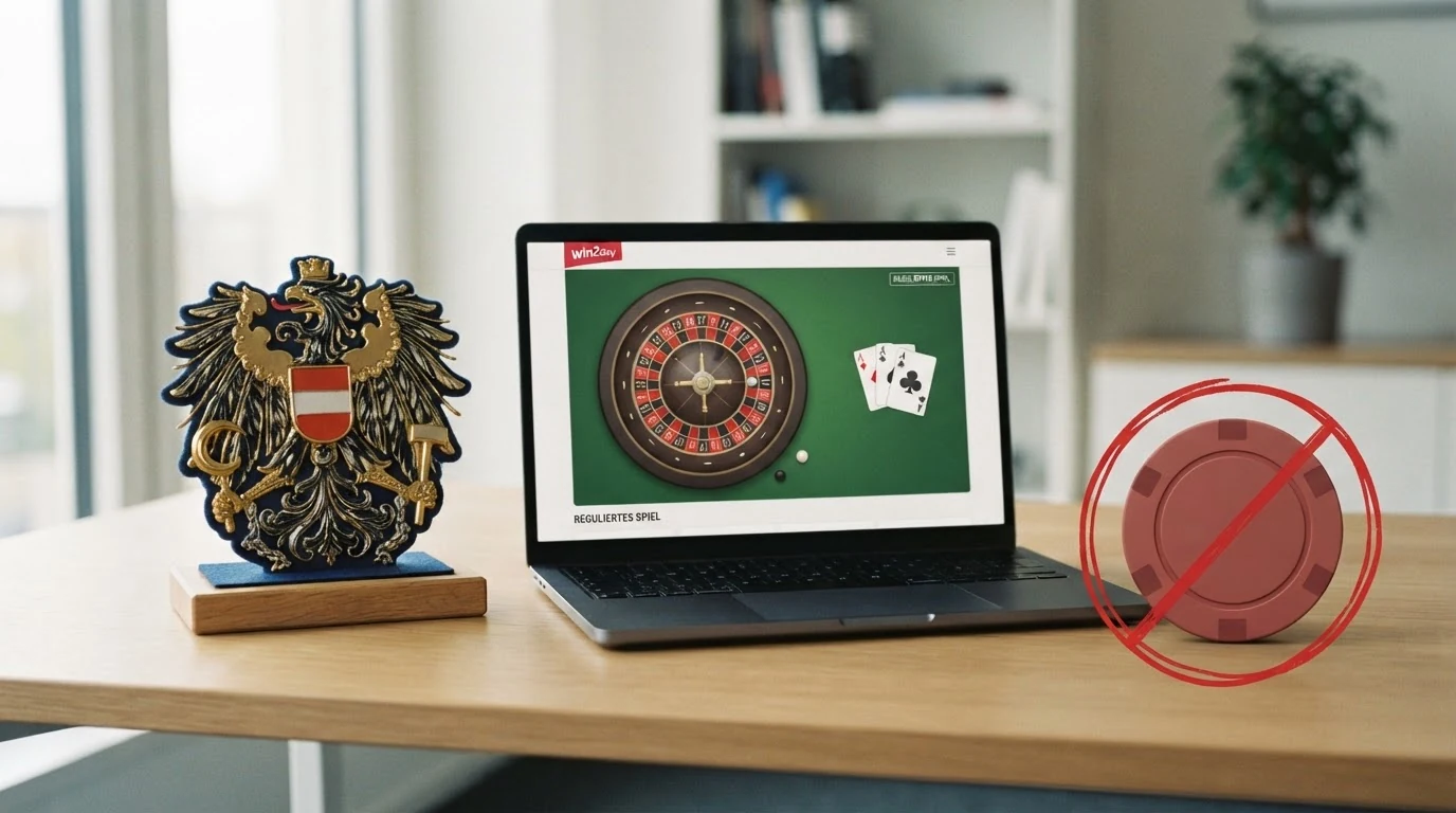 Das österreichische Bundeswappen neben dem win2day-Logo und einem durchgestrichenen Offshore-Casino-Symbol