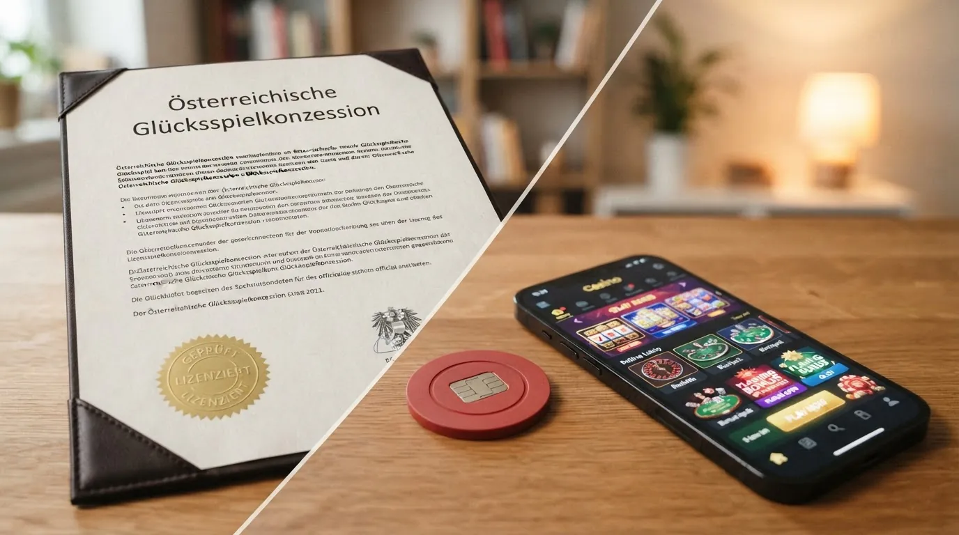 Eine stilisierte Österreich-Karte mit den Symbolen für AT-Konzession (win2day) und Offshore-Lizenzen (MGA, Curaçao) im Vergleich