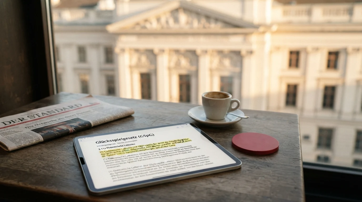 Das Gebäude des Bundesministeriums für Finanzen in Wien neben dem Text des Glücksspielgesetzes auf einem Bildschirm