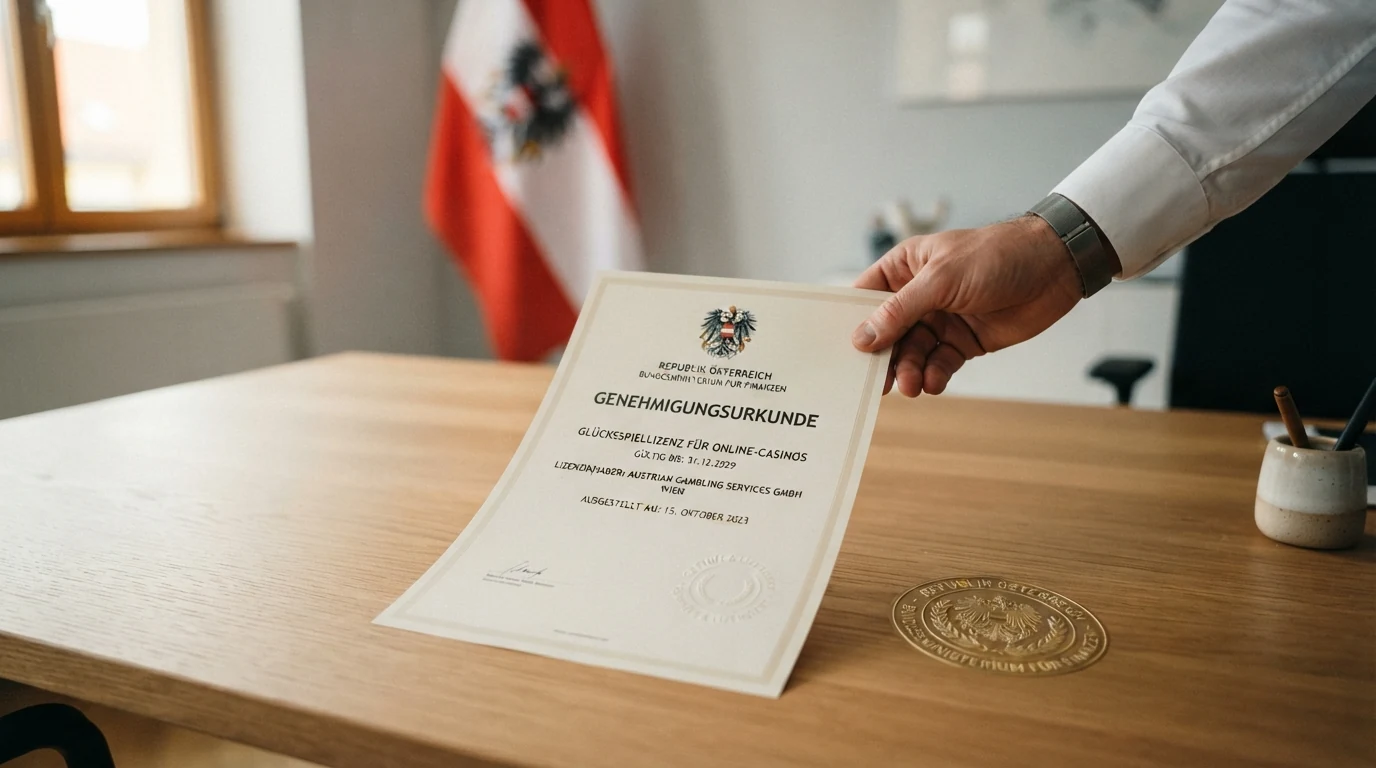 Ein offizielles Dokument mit dem Wappen der Republik Österreich und einer GSpG-Glücksspielkonzession des Bundesministeriums für Finanzen