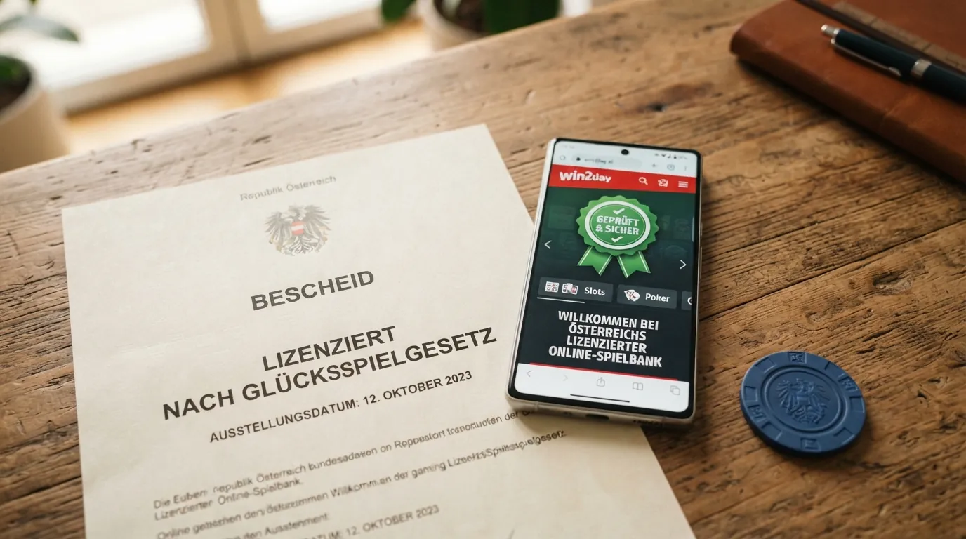 Ein österreichisches Amtsdokument mit Siegel neben einem Smartphone, das eine Casino-Seite mit einem Fragezeichen-Icon zeigt