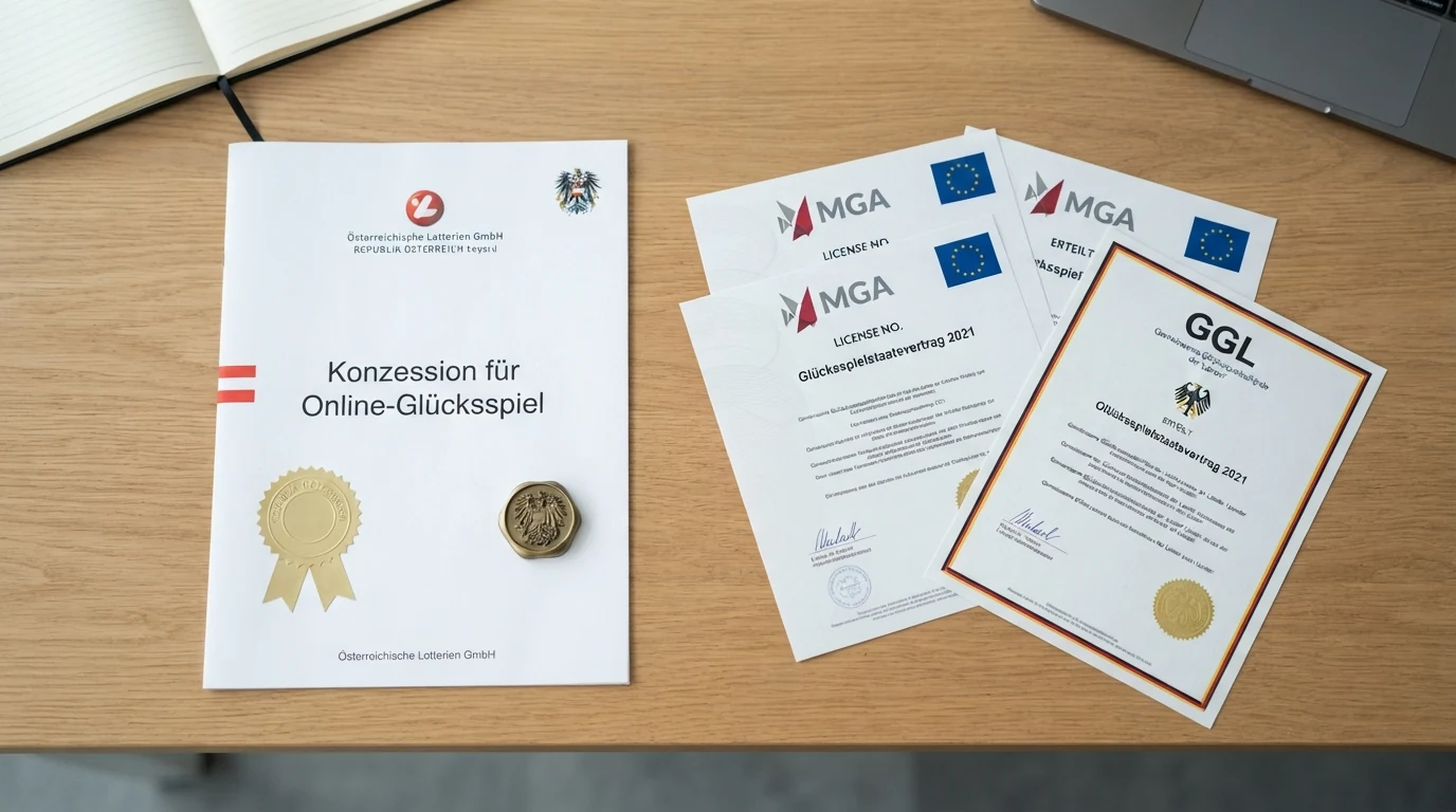 Gegenüberstellung: das offizielle win2day-Logo neben MGA- und GGL-Lizenzsiegeln, getrennt durch ein Fragezeichen