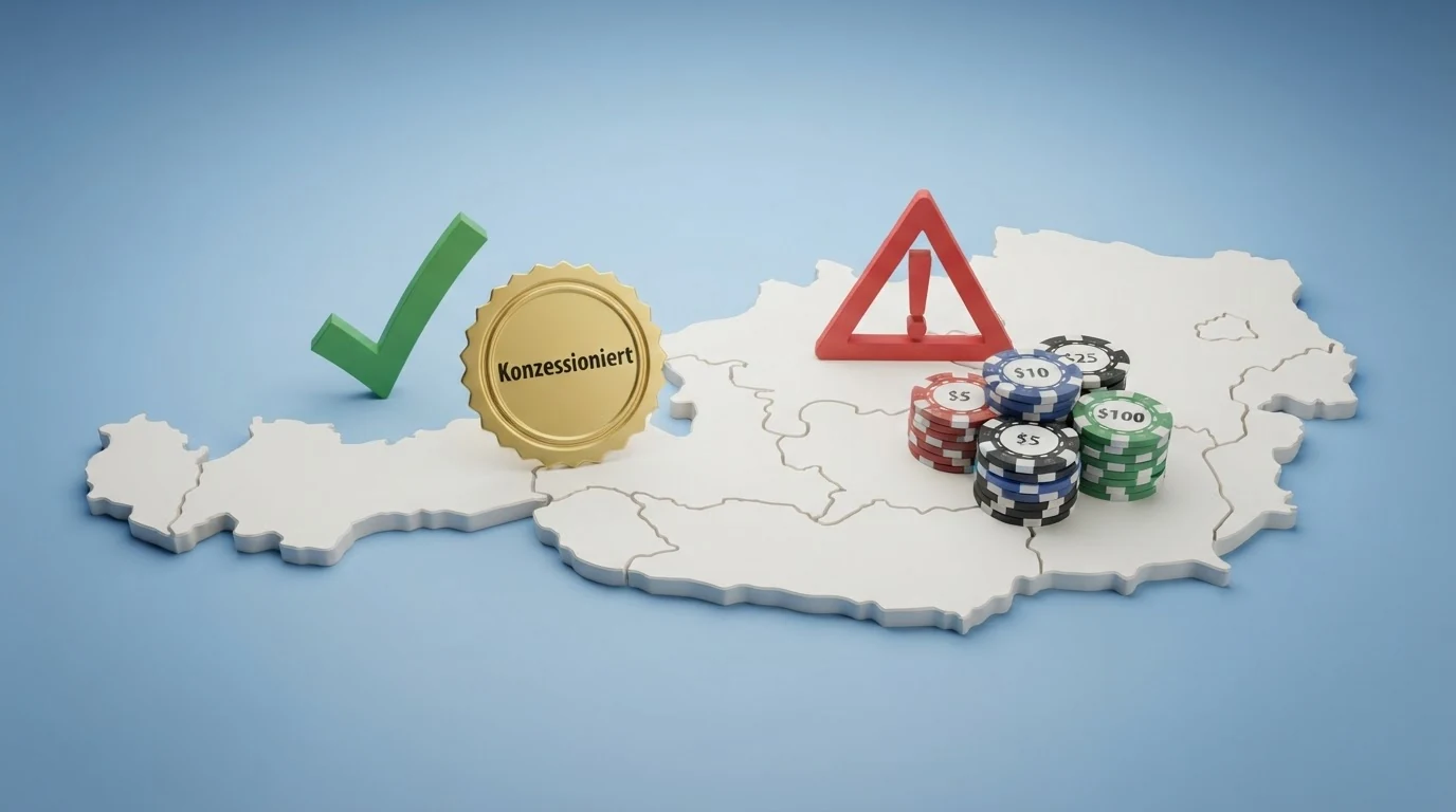 Eine Österreich-Karte mit zwei farblich getrennten Bereichen: ein Haken-Symbol für den konzessionierten Anbieter und ein Warnsymbol für Anbieter ohne AT-Lizenz