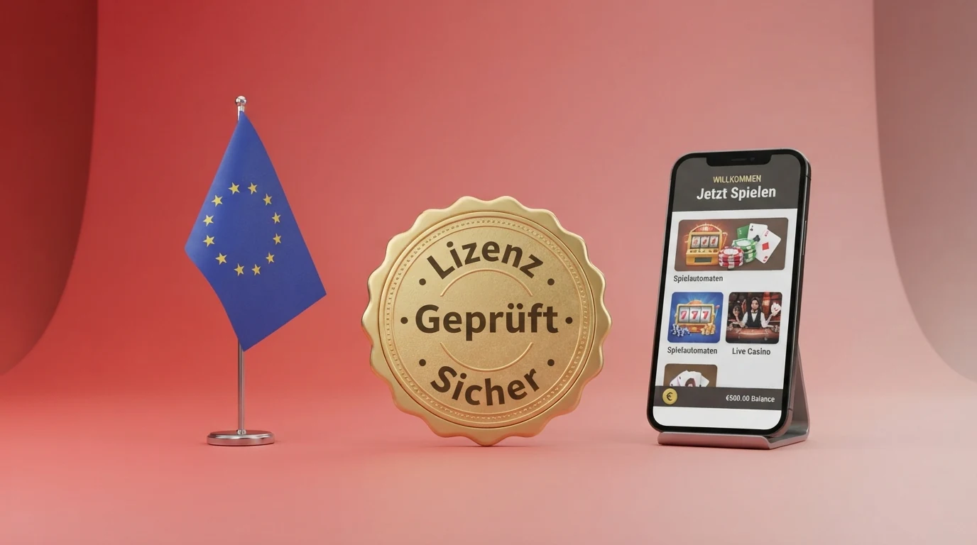 Ein offiziell wirkendes Zertifikat oder Lizenzdokument neben dem win2day-Logo und einer EU-Flagge, kontrastiert mit Logos von MGA- und Curaçao-Lizenzgebern