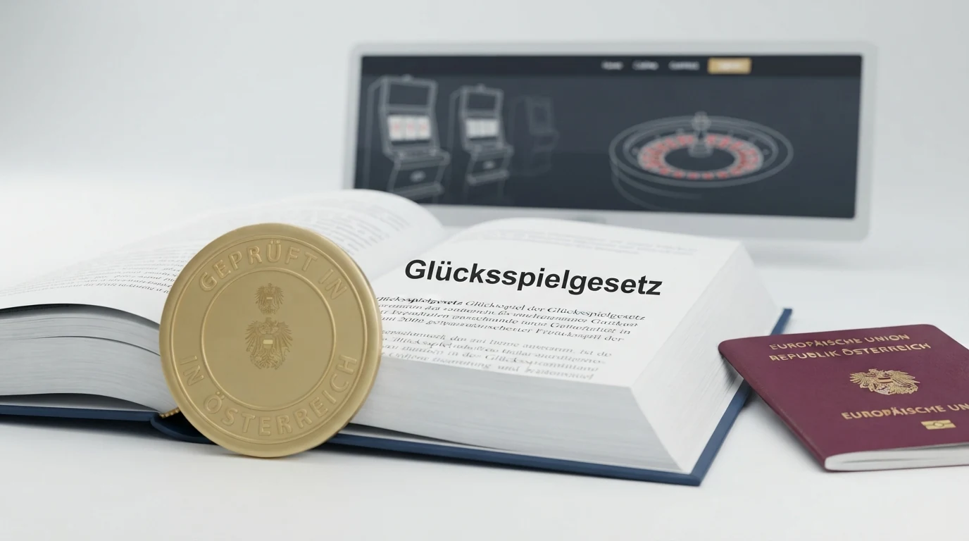 Ein österreichischer Reisepass liegt neben einem aufgeschlagenen Gesetzestext mit dem Titel „Glücksspielgesetz“ und einem Bildschirm mit Casino-Lobby