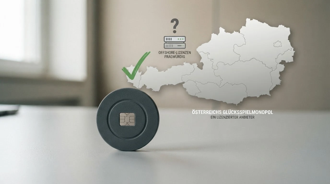 Eine stilisierte Österreich-Karte mit einem Haken-Symbol über Wien und einem Fragezeichen-Symbol über einer Server-Wolke mit der Aufschrift EU-Lizenz