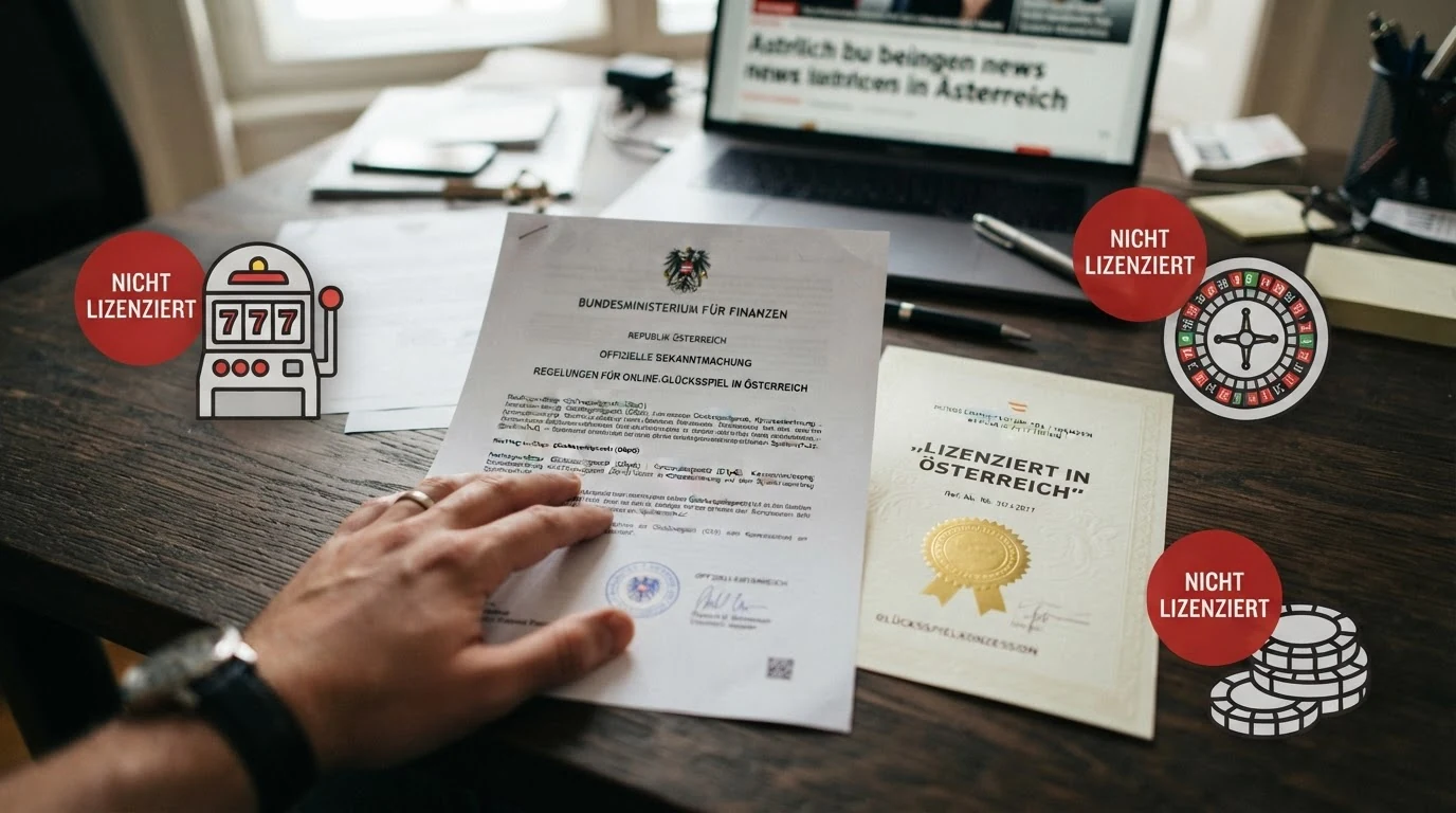 Offizielles Dokument mit Siegel des Bundesministeriums für Finanzen, daneben das win2day-Logo und rote „Keine Lizenz“-Marker neben Logos internationaler Casino-Anbieter