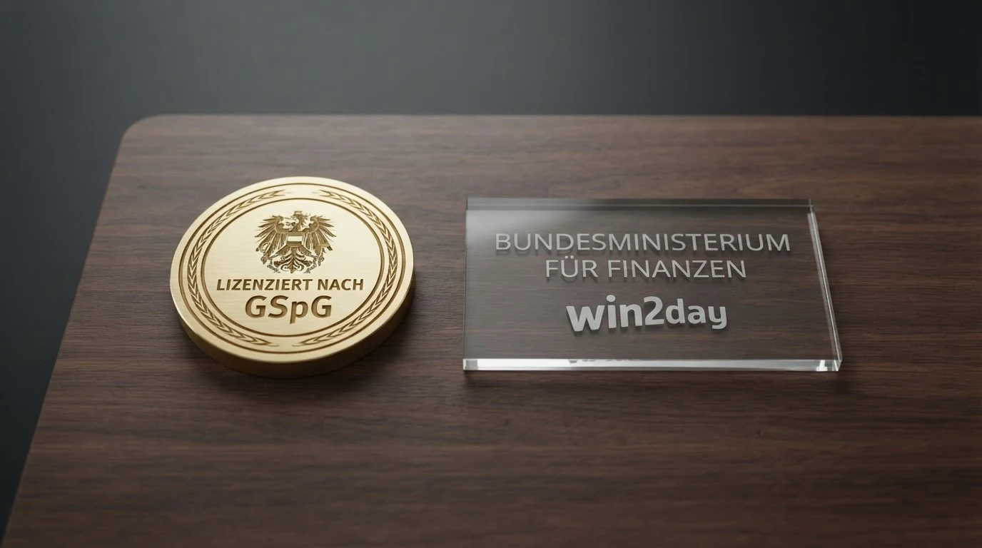 Das Logo des Bundesministeriums für Finanzen neben dem win2day-Schriftzug und einem aufgeschlagenen GSpG-Dokument