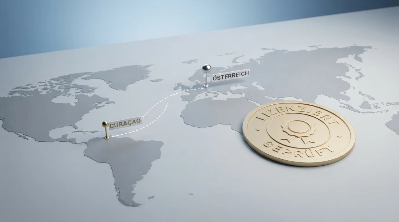 Eine stilisierte Weltkarte mit hervorgehobener Karibik (Curaçao) und Österreich, verbunden durch eine gestrichelte Linie, daneben ein Paragrafen-Symbol
