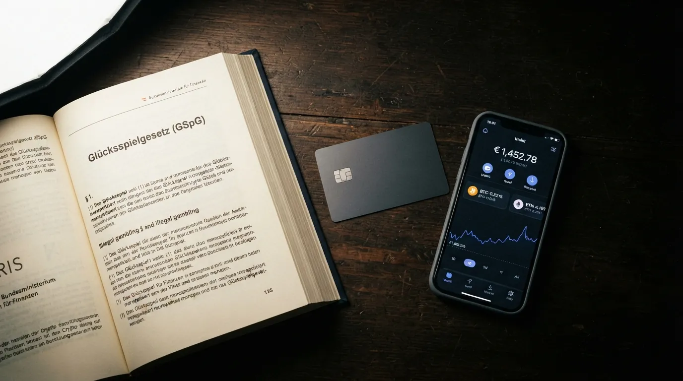 Nahaufnahme eines österreichischen Gesetzestextes (GSpG) neben Casino-Chips und einem Bildschirm mit Krypto-Wallet, kontrastreiche Beleuchtung