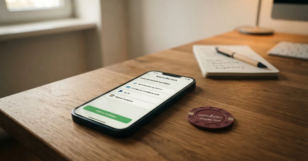 Eine Nahaufnahme eines Smartphones mit geöffneter Casino-Kasse, auf dem Bildschirm ist Klarna Sofortüberweisung als Zahlungsoption ausgewählt, daneben liegt eine österreichische Bankomatkarte