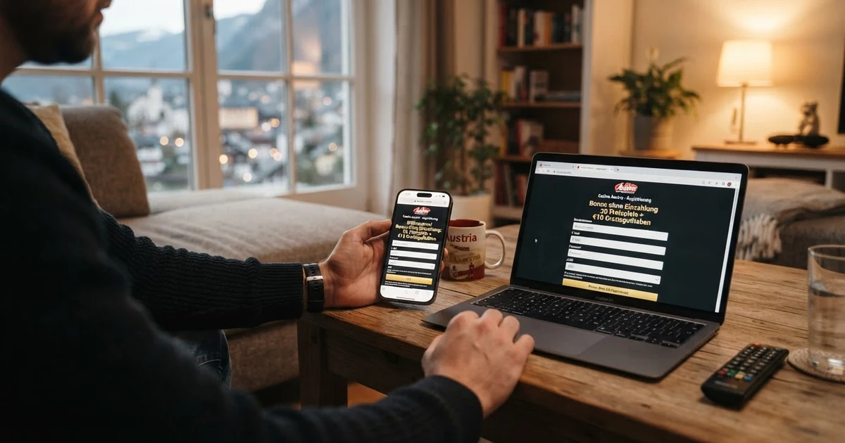 Ein geöffneter Laptop-Bildschirm zeigt ein Online-Casino-Registrierungsformular, auf dem das Bonus-Feld für „Bonus ohne Einzahlung“ farblich hervorgehoben ist — daneben liegt ein Smartphone mit einer Bestätigungs-SMS