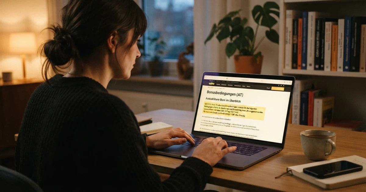 Eine Nahaufnahme eines Laptop-Bildschirms zeigt die Bonusbedingungen eines Online-Casinos, der relevante Abschnitt ist gelb markiert.