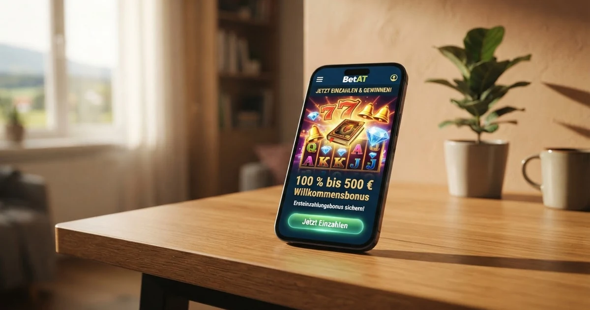 Ein Smartphone mit geöffneter Online-Casino-App, auf dem ein Willkommensbonus-Angebot „100 % bis 500 €“ eingeblendet ist, daneben Spielautomaten-Symbole