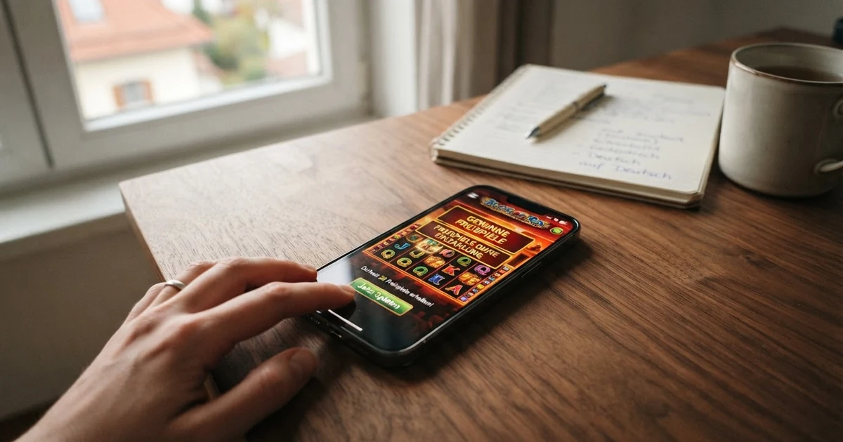 Online-Casino-Startbildschirm mit der Ankündigung „Freispiele ohne Einzahlung“ und einer Slot-Spieltabelle im Hintergrund – ein Smartphone hält das Angebot im Querformat