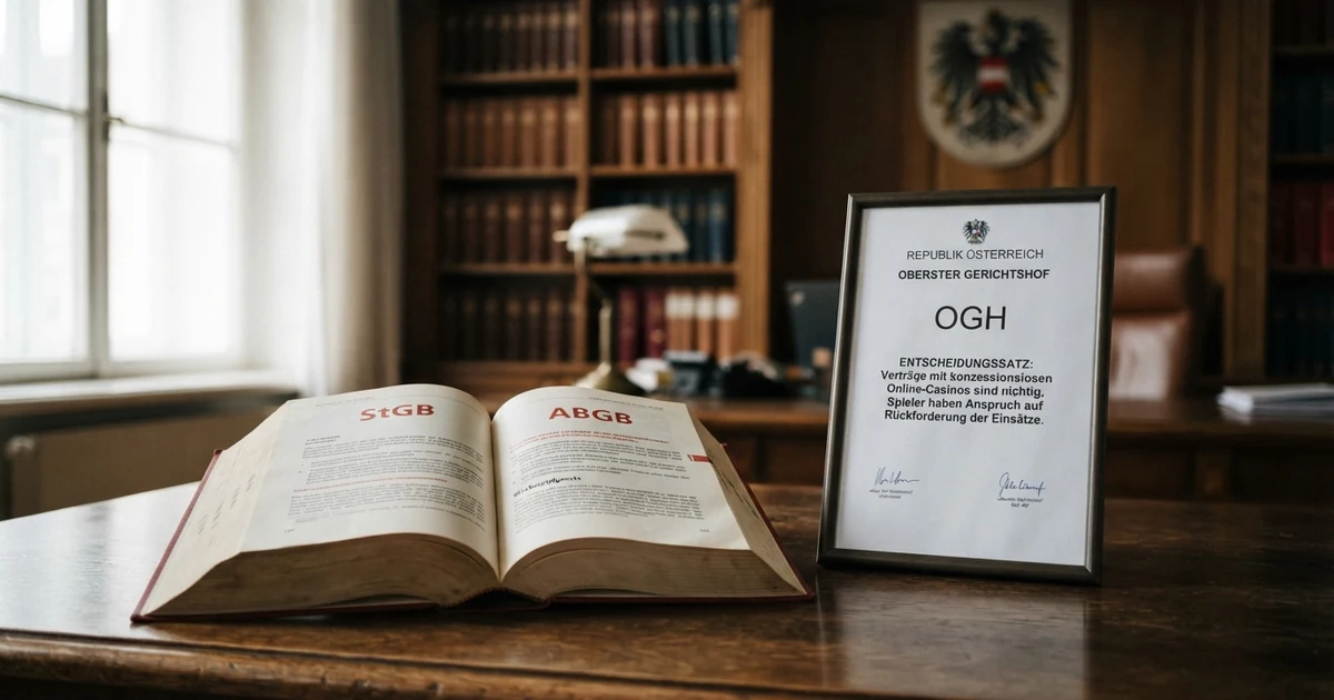 Ein aufgeschlagenes österreichisches Gesetzbuch mit einem gerahmten Paragrafen und einem Urteil des Obersten Gerichtshofs im Hintergrund