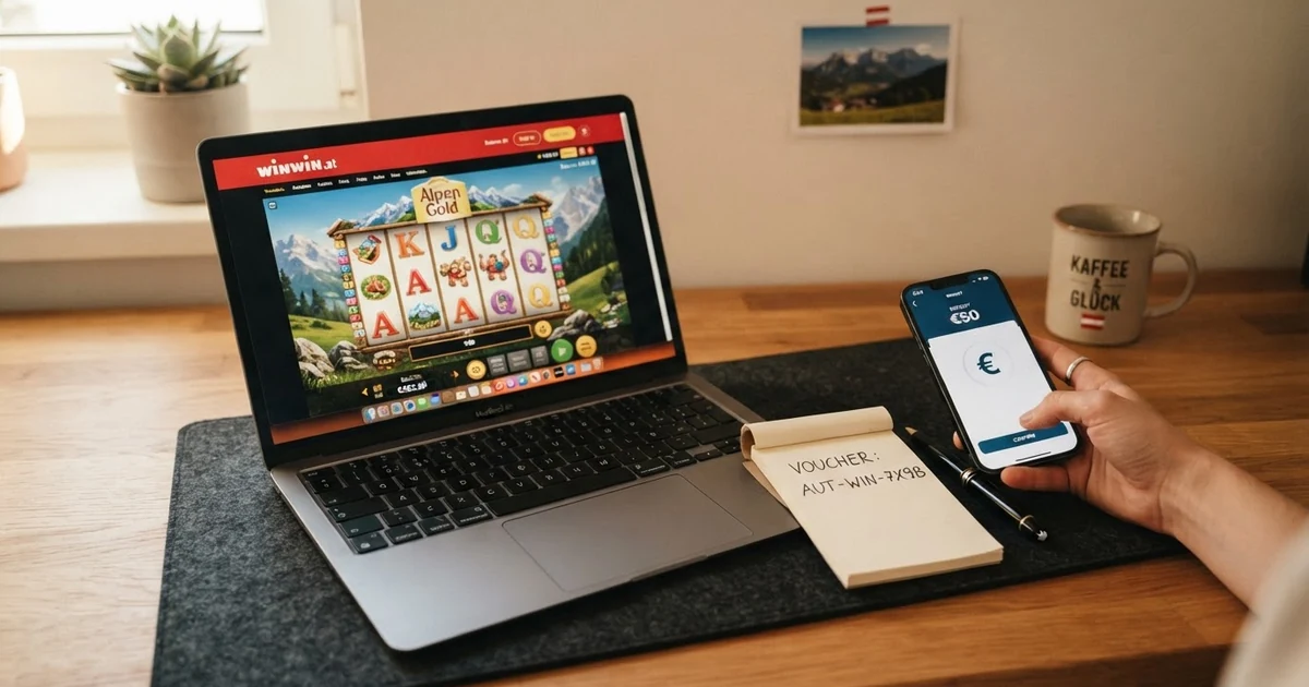 Ein geöffnetes Online-Casino auf einem Laptop-Bildschirm, daneben ein Notizzettel mit einem handschriftlich notierten Gutscheincode und einem Taschenrechner