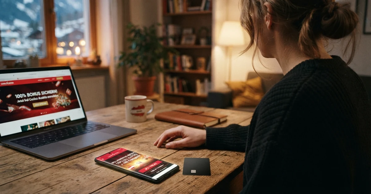 Ein Spieler am Laptop mit einem geöffneten Online-Casino-Bonus-Angebot auf dem Bildschirm, eine Kreditkarte und ein Smartphone liegen daneben
