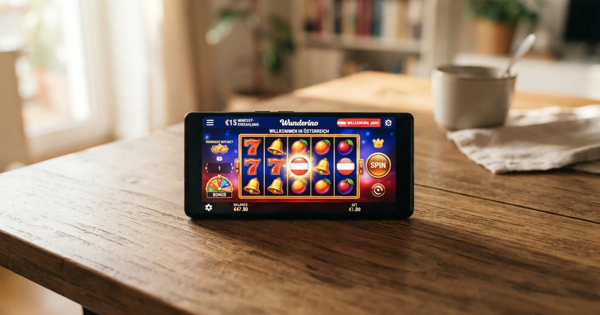 Eine Nahaufnahme von Euro-Münzen und -Scheinen auf einem Smartphone-Bildschirm, der eine Casino-Slot-Oberfläche zeigt — die €15-Schwelle als digitales Spielerlebnis.