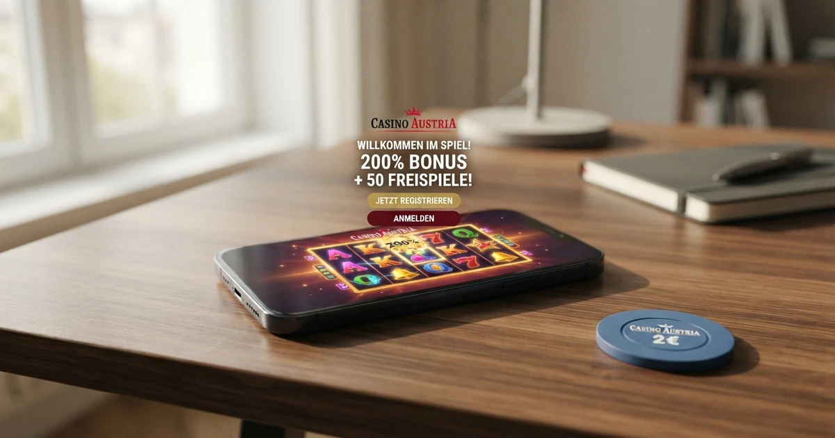 Ein Bildschirm mit der Willkommensseite eines Online-Casinos, die einen 200%-Bonus bewirbt, daneben ein Taschenrechner mit einer Einzahlungsrechnung