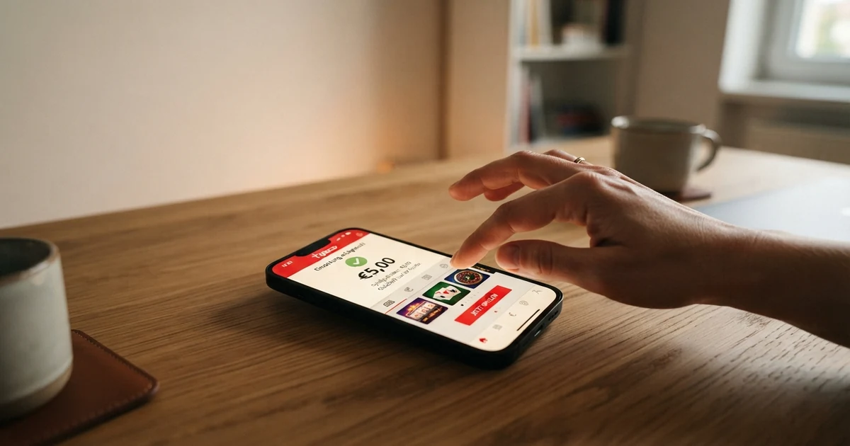Smartphone mit geöffneter Casino-App und Einzahlungsbildschirm, der eine Mindesteinzahlung von 5 Euro anzeigt