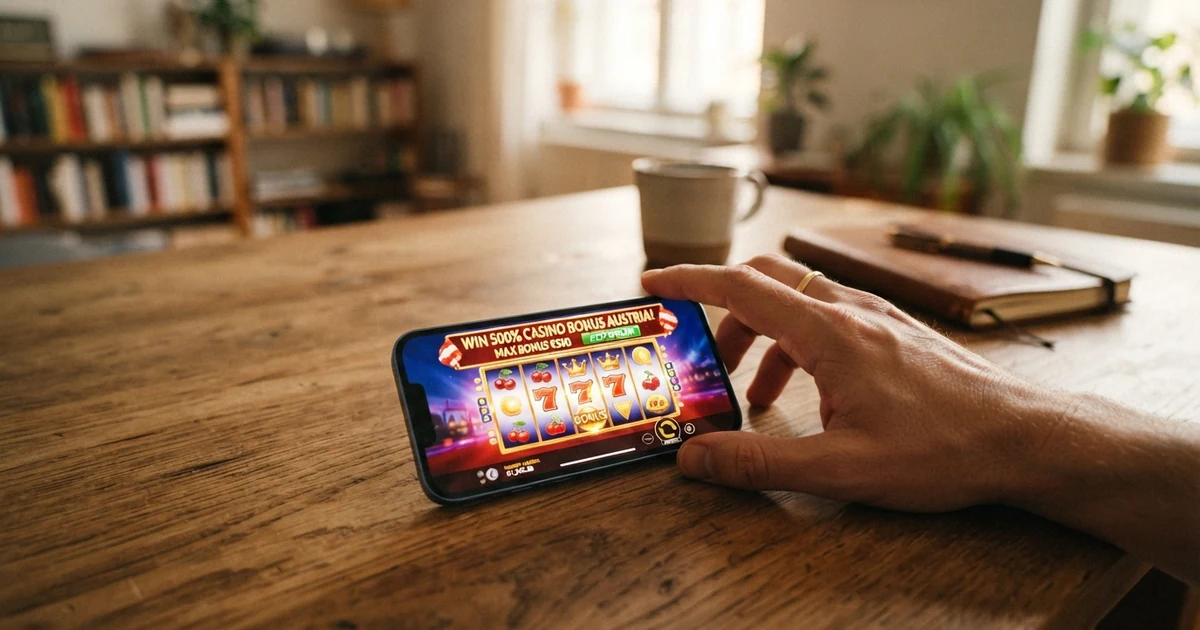 Ein Stapel Euro-Banknoten neben einem Smartphone mit geöffnetem Casino-Bonus-Bildschirm, im Hintergrund das österreichische Glücksspielgesetz