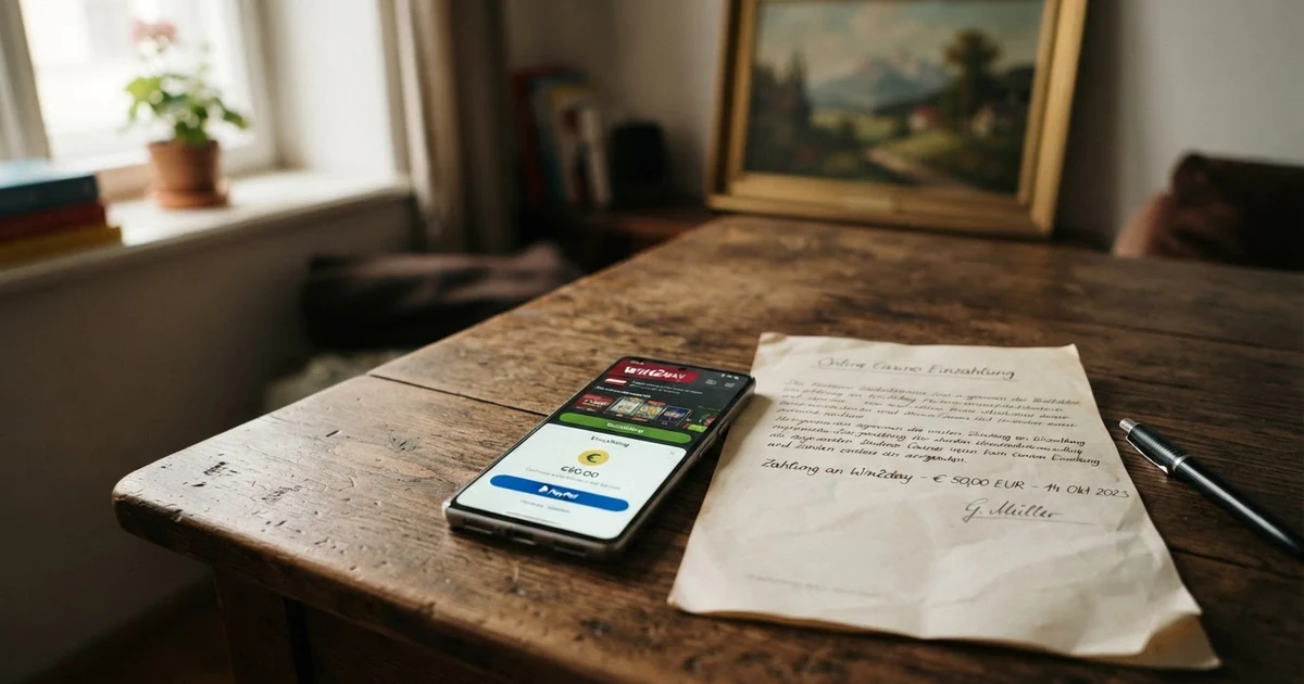 Ein Smartphone mit geöffneter Casino-App und dem Drei-Logo auf dem Bildschirm, daneben eine Handyrechnung