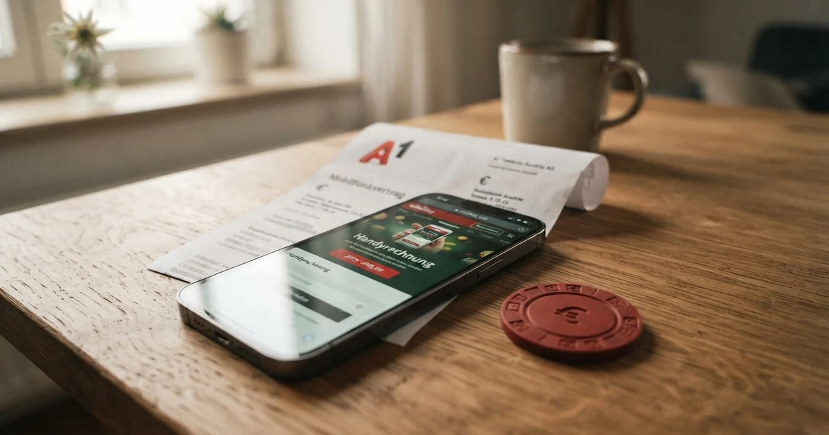 Ein Smartphone mit geöffneter Casino-Webseite und dem Schriftzug „Handyrechnung“ auf dem Bildschirm, daneben ein österreichischer Mobilfunkvertrag