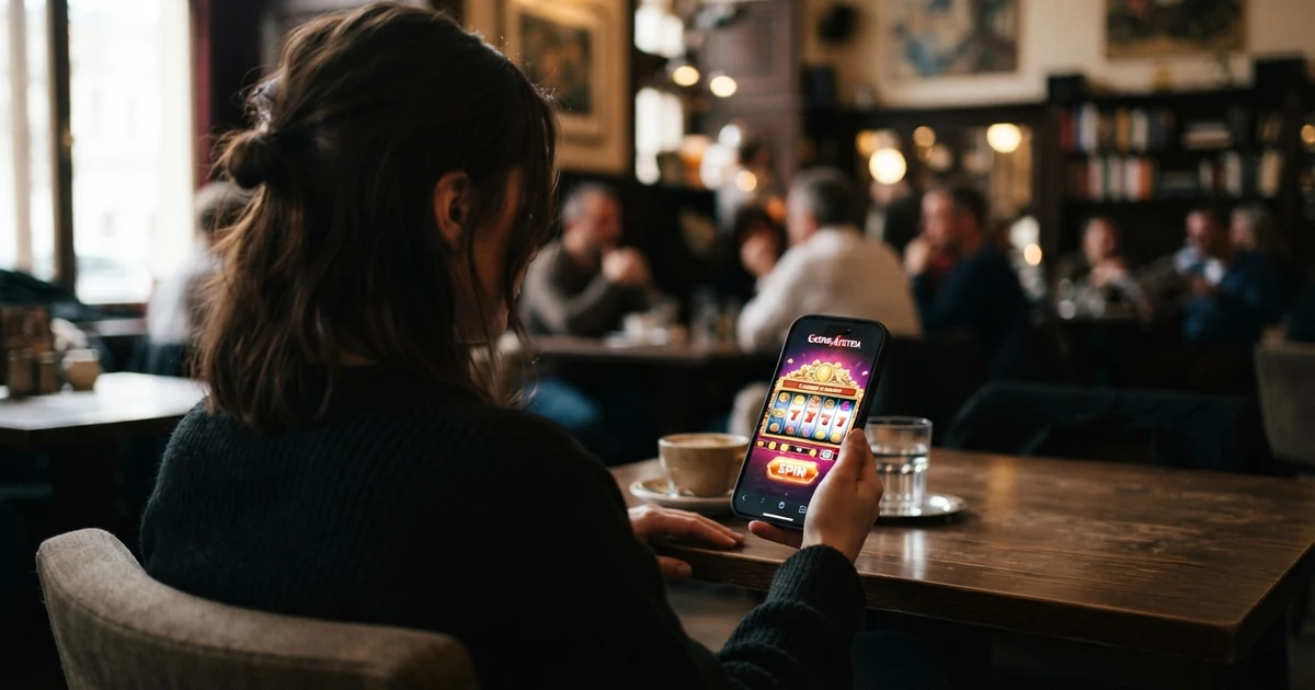 Eine Person hält ein Smartphone in der Hand, auf dessen Bildschirm ein Casino-Spiel (Slot oder Roulette) mit farbigen Symbolen und einer Wettanzeige läuft.