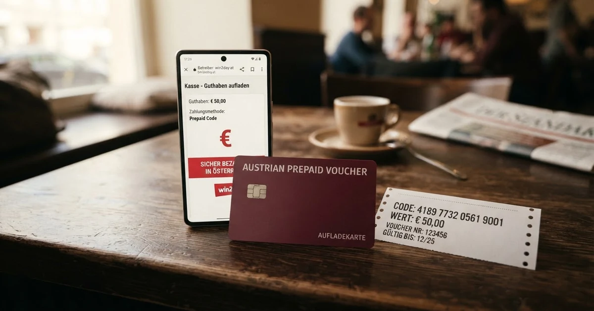 Eine Paysafecard mit sichtbarem 16-stelligen Code neben einem geöffneten Online-Casino-Kassabereich auf einem Bildschirm