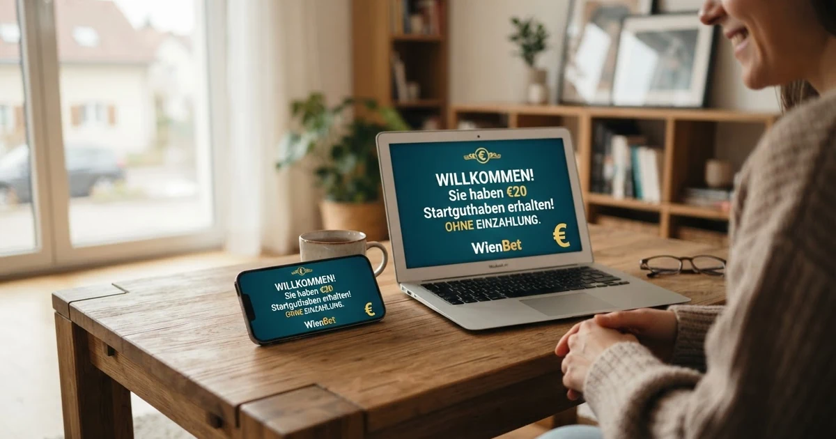 Ein Smartphone und ein Laptop zeigen einen Online-Casino-Startguthaben-Willkommensbildschirm mit einem Hinweis auf die österreichische Glücksspielkonzession