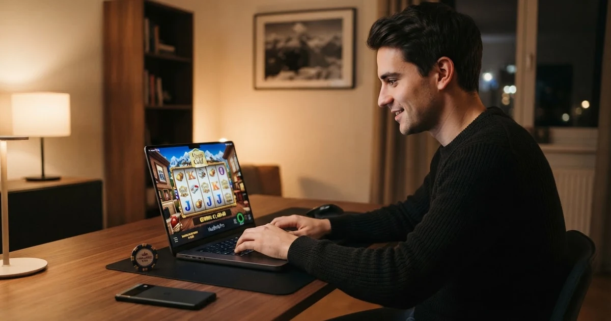 Ein Spieler an einem Laptop mit einem offenen Online-Casino, im Hintergrund ein durchgestrichenes Limit-Symbol
