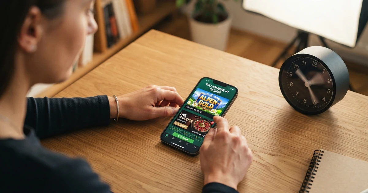 Eine Spielerin hält ein Smartphone mit geöffneter Casino-Lobby, im Hintergrund eine Uhr deren Zeiger sich schnell drehen